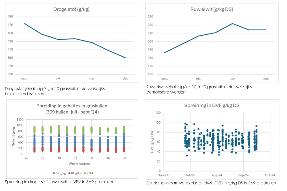 Drogestofgehalte (gkg) in 10 graskuilen die wekelijks bemonsterd werden (1).png